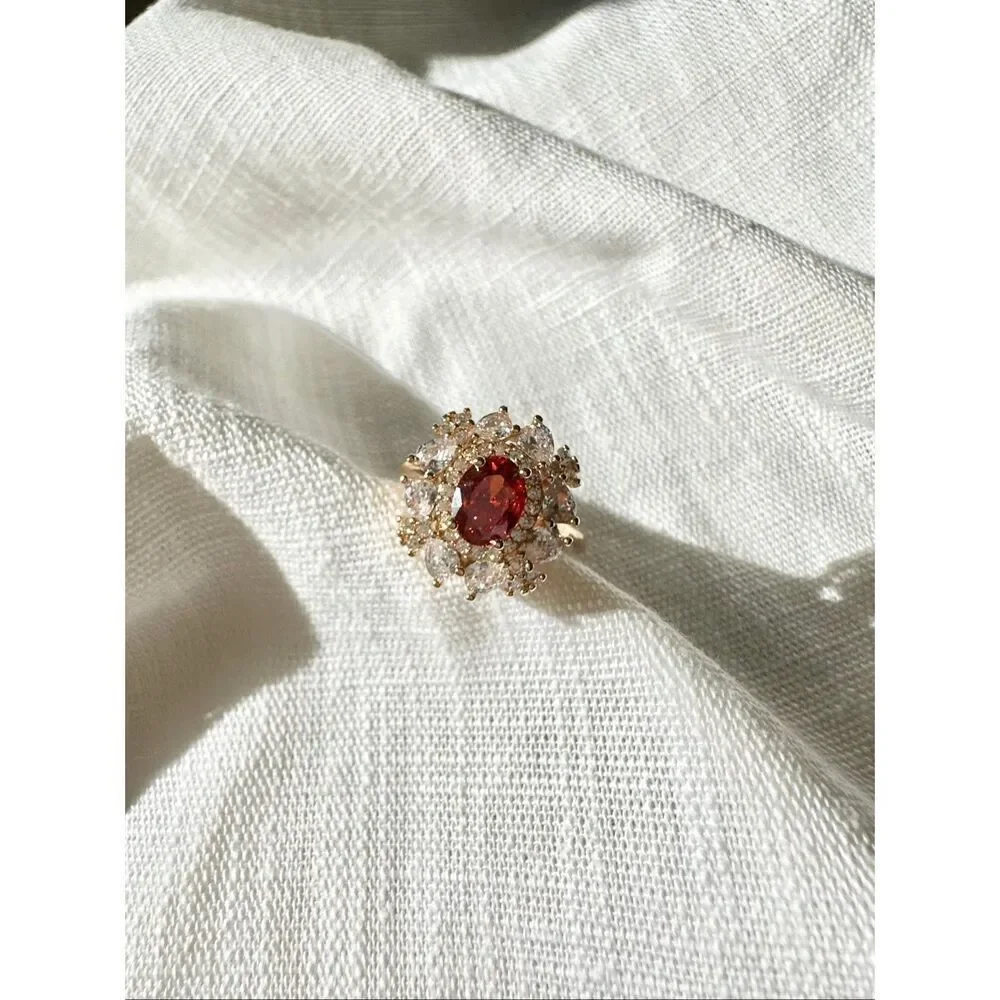 Burnt red oval cut cubic zirconia cocktail ring